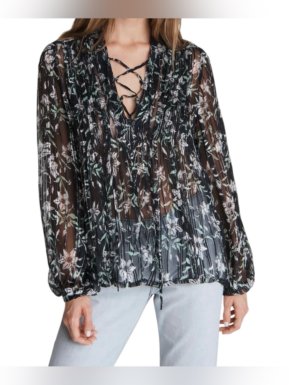 NWOT - Rag & Bone Sachi Floral Lace-Up Boho Blouse Semi Sheer Size Small